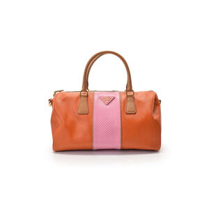Prada Boston bag perforated leather orange pink strap